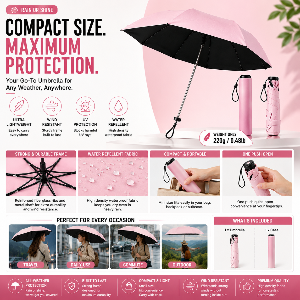 Ultra-light compact umbrella for all-weather protection